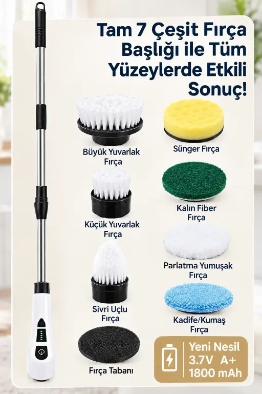 Turbo Clean Elektrikli Temizlik Fırçası 7 Başlıklı Kablosuz Şarjlı Döner Fırça