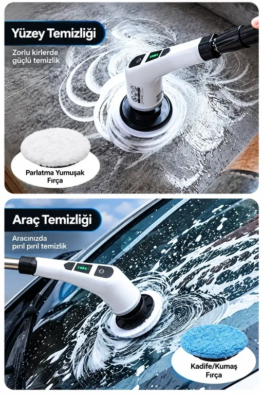 Turbo Clean Elektrikli Temizlik Fırçası 7 Başlıklı Kablosuz Şarjlı Döner Fırça