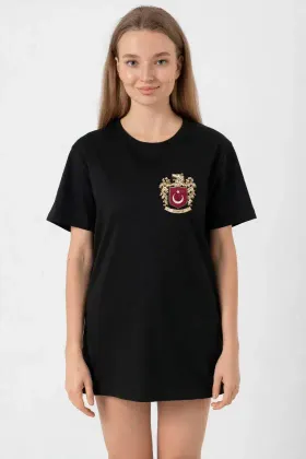 Türk Arma Baskılı Oversize Bisiklet Yaka Günlük T-shirt - Siyah - L - Siyah