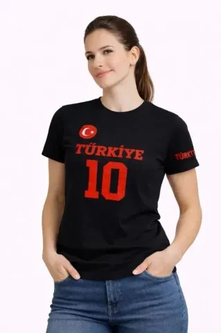 TÜRKİYE Ay Yıldız Baskılı 10 Numara Forma Tişört Taraftar T-Shirt - Siyah - 2XL - Siyah