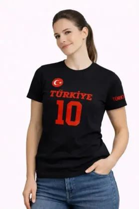 TÜRKİYE Ay Yıldız Baskılı 10 Numara Forma Tişört Taraftar T-Shirt - Siyah - XS - Siyah