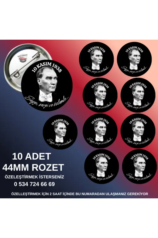 tuse rozet dükkanı 10 Adet 10 Kasım Atatürk Rozeti METAL 10 Kasım Rozeti – 44Mm Buton Rozet, 10 Adet Rozet
