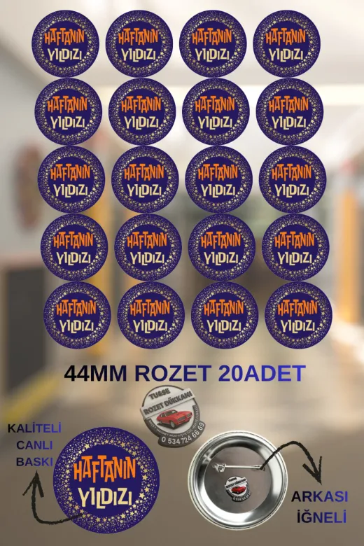 tuse rozet dükkanı 20 Adet Yıldız Öğrenci İğneli Rozet Yıldız Öğrenci– 44Mm Buton Rozet, 20 Adet İğneli Buton Rozet