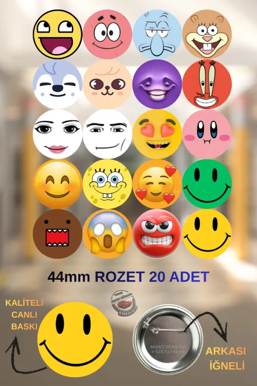 tuse rozet dükkanı Emojili Rozet Renkli ve Eğlenceli 20 Adet Emojili Rozet – Renkli Ve Eğlenceli Modeller