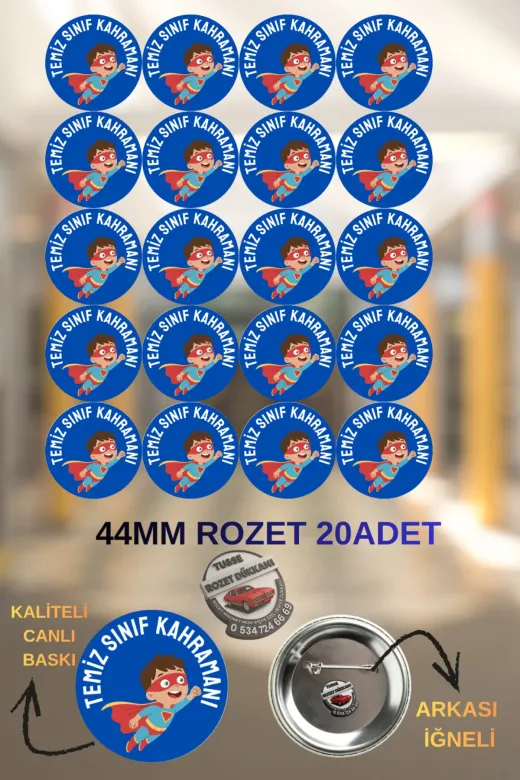 tuse rozet dükkanı Temiz Sınıf Kahramanı Rozeti 44Mm | 20 Adet Öğrenci Rozeti