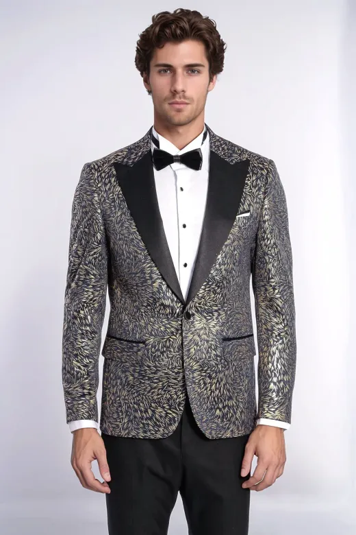 Tüy Desenli Slim Fit Lacivert Erkek Smokin Ceket - Wessi