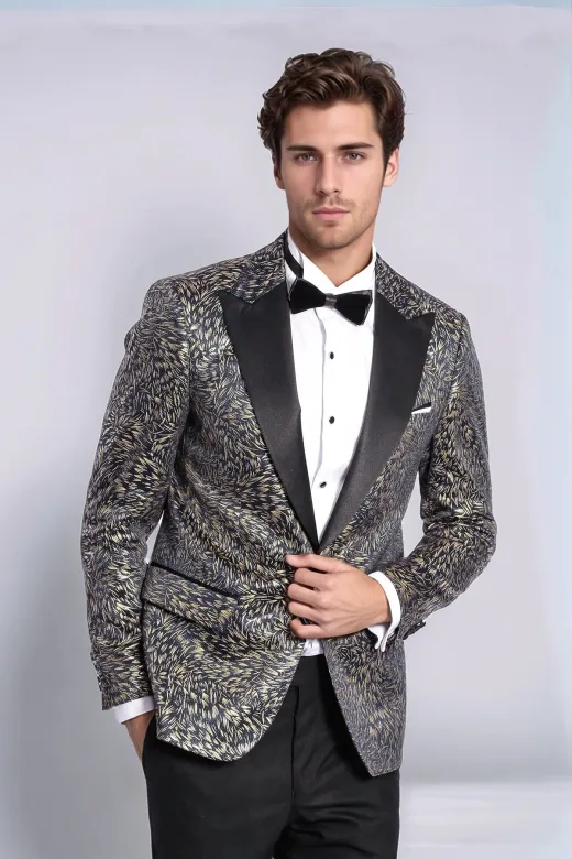 Tüy Desenli Slim Fit Lacivert Erkek Smokin Ceket - Wessi