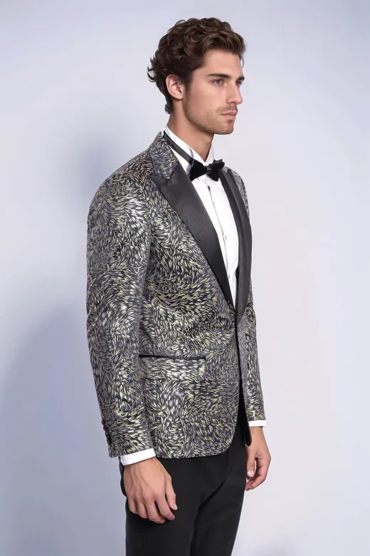 Tüy Desenli Slim Fit Lacivert Erkek Smokin Ceket - Wessi