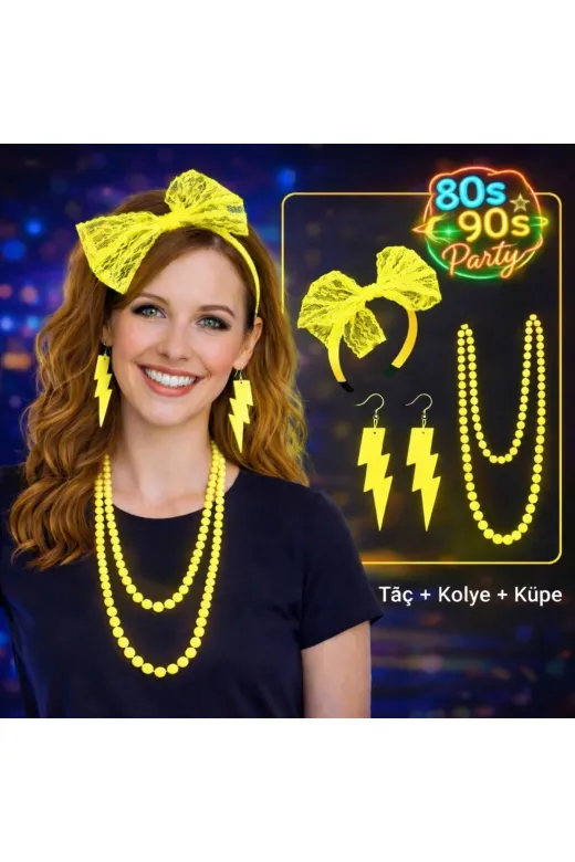 Twin Store MEYMAINMEYSMRSMRG138G139G140-S Mey İthalat® 80’Ler 90’Lar Neon Sarı Parti Seti – Kolye Küpe Taç