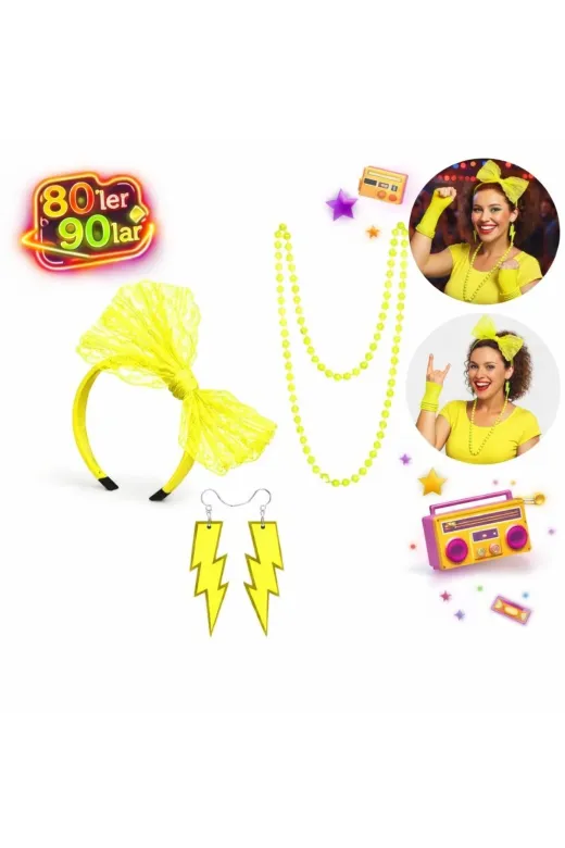 Twin Store MEYMAINMEYSMRSMRG138G139G140-S Mey İthalat® 80’Ler 90’Lar Neon Sarı Parti Seti – Kolye Küpe Taç