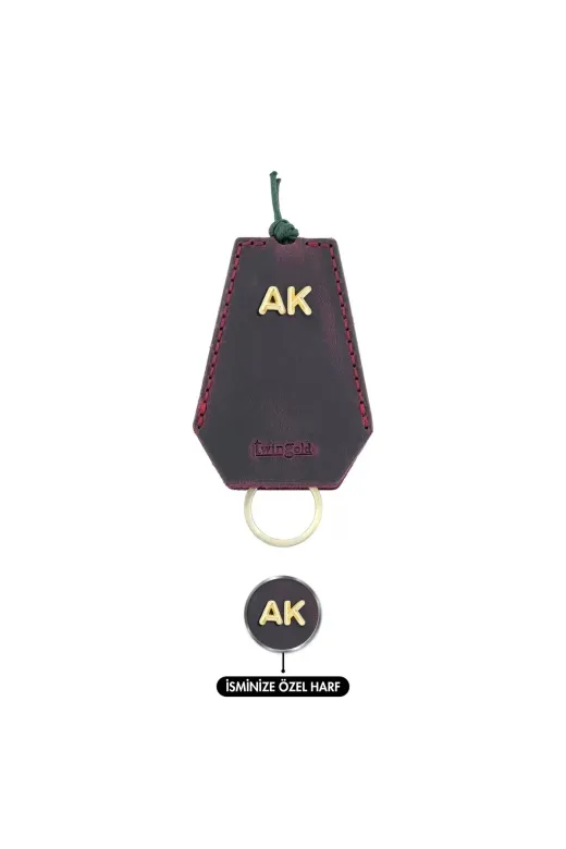 twingold AD01002 İsme Özel İpli Anahtarlık - % 100 Crazy Deri - Ag01002 - Bordo