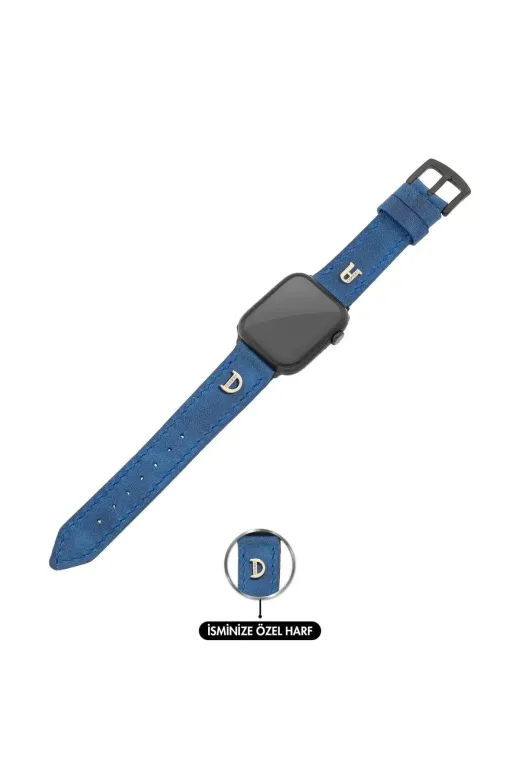 twingold AG03001.028 İsme Özel El Dikişli Apple Watch Saat Kordonu - %100 Çift Kat Deri - Ag03001 - Saks Mavisi