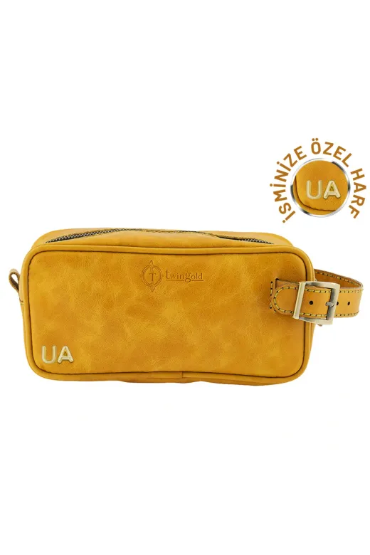 twingold AK01002 İsme Özel Dopp Kit Kişisel Bakım Ve Seyahat Çantası - %100 Rainbow Deri - Ac14004 - Hardal Sarısı