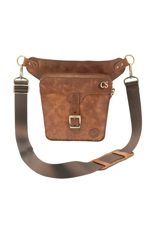 twingold bacak4 Kişiye Özel %100 Deri Unisex  All In One Bel Ve Bacak Çantası - Kahverengi