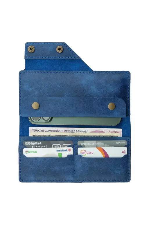 twingold KC03007 İsme Özel Dikey Çıtçıtlı Uzun Cüzdan - %100 Rainbow Deri - A010006 - Saks Mavisi