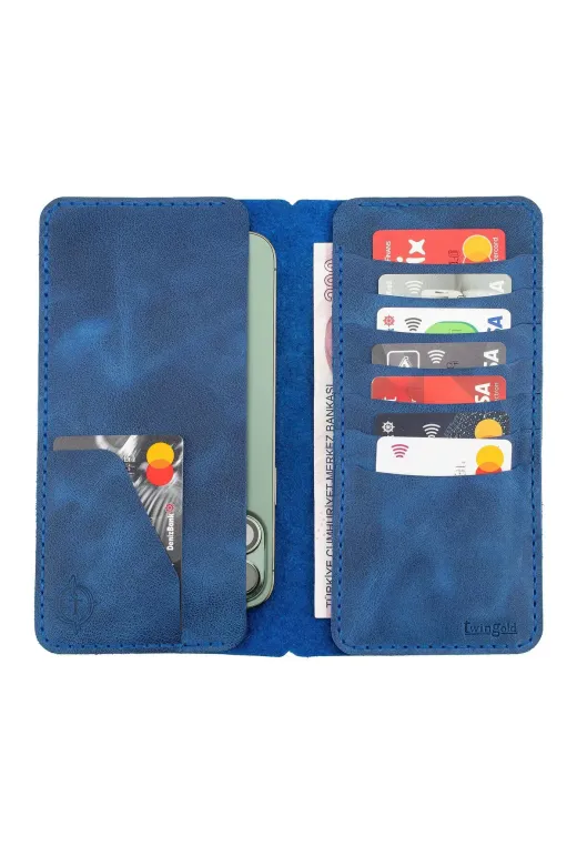 twingold KC03008 İsme Özel Dikey Uzun Cüzdan - %100 Rainbow Deri - A010007 - Saks Mavisi