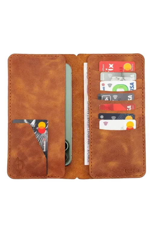 twingold KC03008 İsme Özel Dikey Uzun Cüzdan - %100 Rainbow Deri - A010007 - Camel