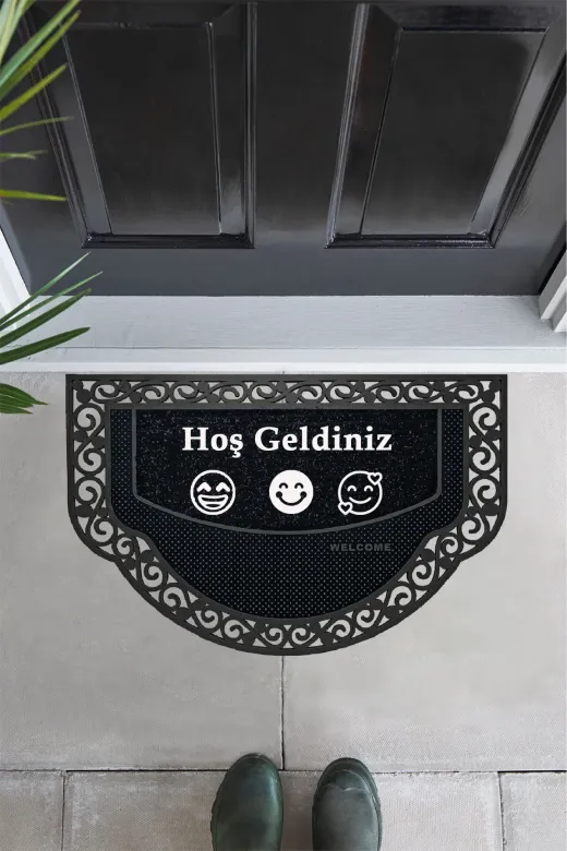 TYCcda27086a059f8f167cff Yarım Ay Modeli Hoş Geldiniz Yazlı Gülen Emoj Desenli Kapı Önü Paspası Altın Rengi