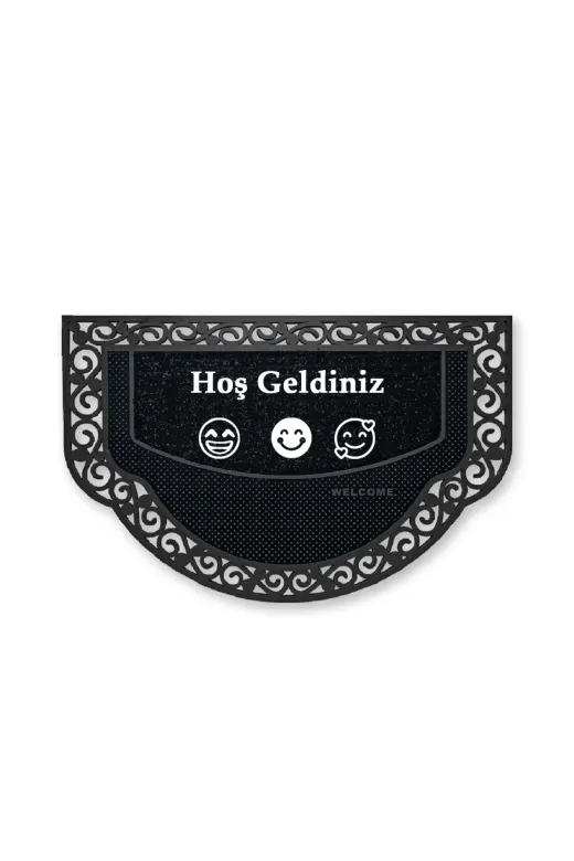 TYCcda27086a059f8f167cff Yarım Ay Modeli Hoş Geldiniz Yazlı Gülen Emoj Desenli Kapı Önü Paspası Altın Rengi