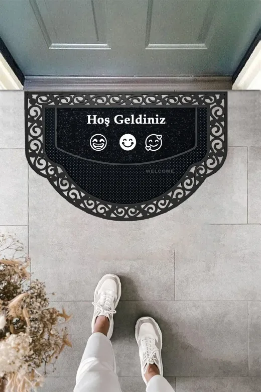 TYCcda27086a059f8f167cff Yarım Ay Modeli Hoş Geldiniz Yazlı Gülen Emoj Desenli Kapı Önü Paspası Altın Rengi