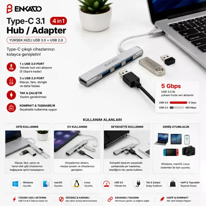 Type-c 3.1 Giriş 4IN1 Usb Çoğaltıcı 4 Anahtarlı Port - Hı-speed Usb 3.0 - Usb 2.0 Hub Adaptör EKD-TP