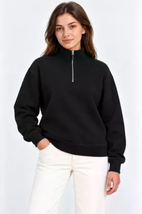 Üç İplik İçi Şardonlu Dik Yaka Yarım Fermuarlı Kışlık Sweatshirt - Siyah - L - Siyah