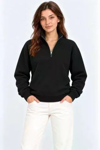 Üç İplik İçi Şardonlu Dik Yaka Yarım Fermuarlı Kışlık Sweatshirt - Siyah - L - Siyah