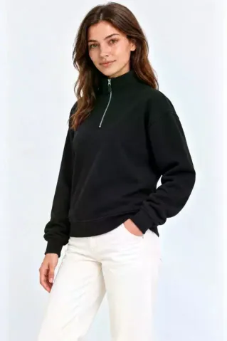 Üç İplik İçi Şardonlu Dik Yaka Yarım Fermuarlı Kışlık Sweatshirt - Siyah - L - Siyah