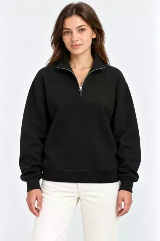 Üç İplik İçi Şardonlu Dik Yaka Yarım Fermuarlı Kışlık Sweatshirt - Siyah - L - Siyah