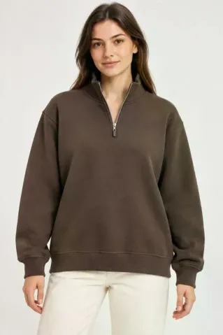 Üç İplik İçi Şardonlu Dik Yaka Yarım Fermuarlı Kışlık Sweatshirt - Kahverengi - M - Kahverengi