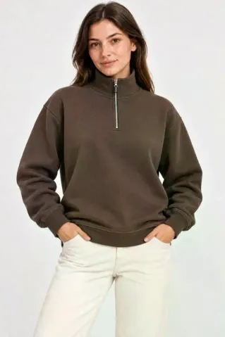 Üç İplik İçi Şardonlu Dik Yaka Yarım Fermuarlı Kışlık Sweatshirt - Kahverengi - M - Kahverengi