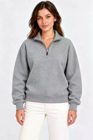 Üç İplik İçi Şardonlu Dik Yaka Yarım Fermuarlı Kışlık Sweatshirt - Grİ - L - Gri