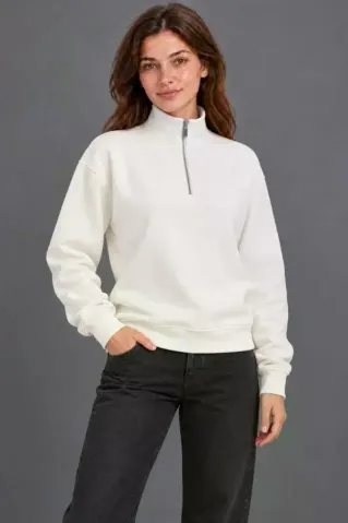 Üç İplik İçi Şardonlu Dik Yaka Yarım Fermuarlı Kışlık Sweatshirt - Beyaz - S - Beyaz