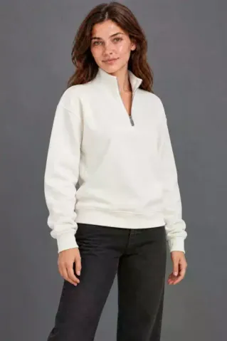 Üç İplik İçi Şardonlu Dik Yaka Yarım Fermuarlı Kışlık Sweatshirt - Beyaz - S - Beyaz