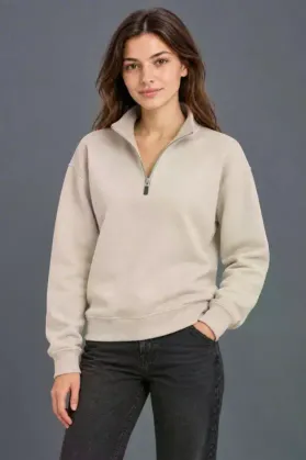 Üç İplik İçi Şardonlu Dik Yaka Yarım Fermuarlı Kışlık Sweatshirt - Bej - 2XL - Bej
