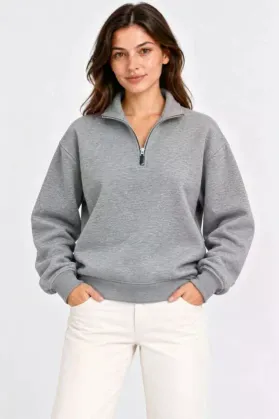 Üç İplik İçi Şardonlu Dik Yaka Yarım Fermuarlı Kışlık Sweatshirt - Grİ - M - Gri