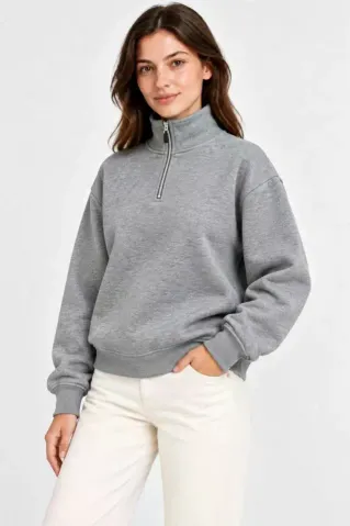 Üç İplik İçi Şardonlu Dik Yaka Yarım Fermuarlı Kışlık Sweatshirt - Grİ - M - Gri