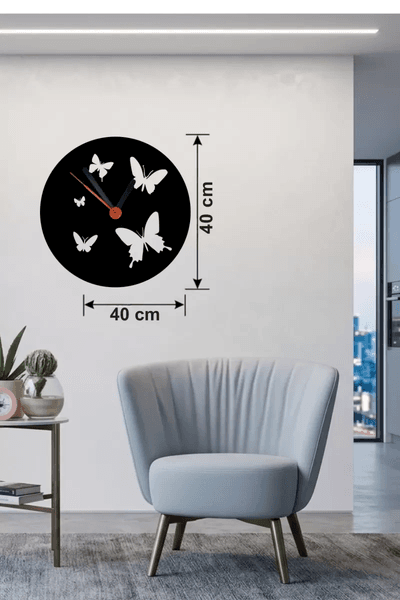 Uçuşan Kelebekler Tasarım Ahşap Duvar Saati - 40x40 cm Dekoratif