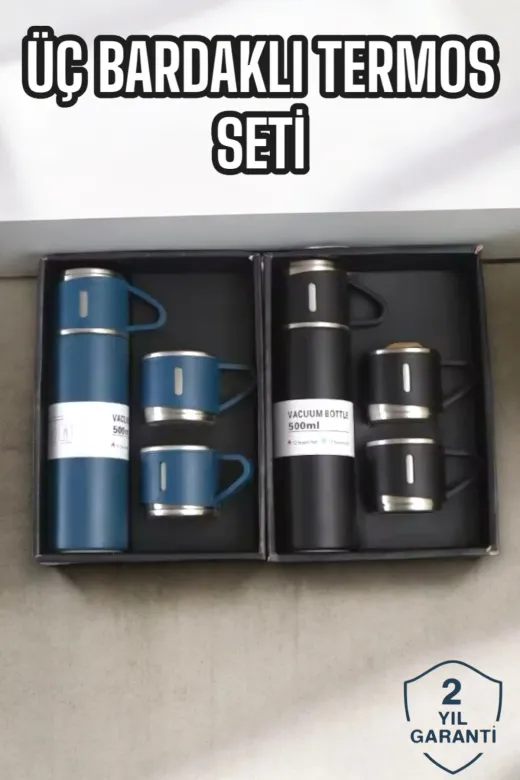 UCUZTEKNO TYCD46726E142B74E4D529F04 Preminyum Şık Ve Dayanıklı 3 Bardaklı Termos Seti Uzun Süre Isı Koruma Özellikli