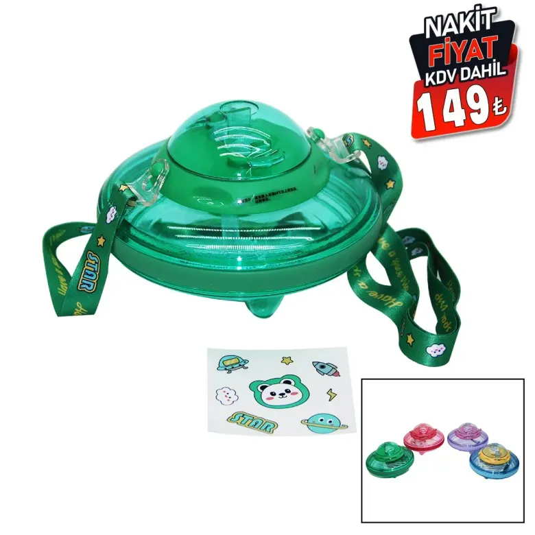 UFO MODELİ RENKLİ MİKA KRİSTAL SULUK MATARA PİPETLİ - TAŞIMA ASKILI 550ML ( HERHANGİ BİR RENK  GÖNDERİLİR )  (4745)