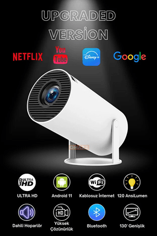 ultra hd Taşınabilir Android Sinema Projeksiyon Wifi Destekli En Güncel Sürüm Akıllı Projektör Beyaz 720P