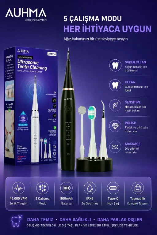 Ultrasonic Şarjlı Elektrikli Akıllı Diş Temizleme Cihazı Beyazlatıcı 5 Mod 3+1 Başlık, Ipx8 Su Geçirmez Siyah