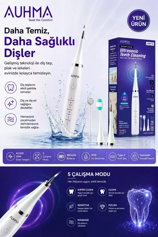 Ultrasonic Şarjlı Elektrikli Akıllı Diş Temizleme Cihazı Beyazlatıcı 5 Mod 3+1 Başlık, Ipx8 Su Geçirmez Siyah