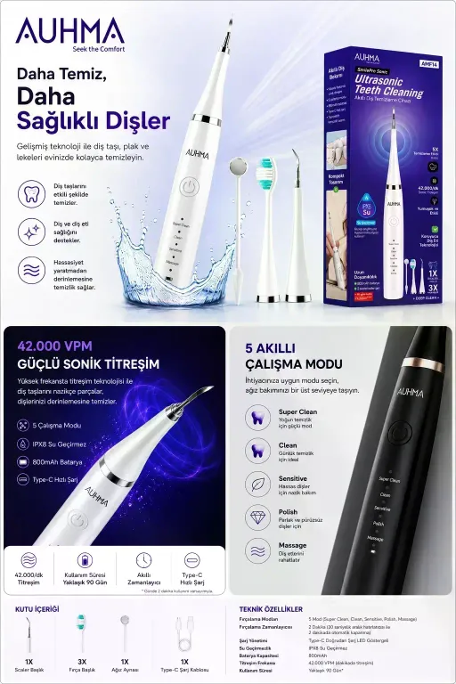 Ultrasonic Şarjlı Elektrikli Akıllı Diş Temizleme Cihazı Beyazlatıcı 5 Mod 3+1 Başlık, Ipx8 Su Geçirmez Siyah
