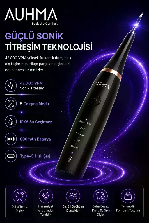 Ultrasonic Şarjlı Elektrikli Akıllı Diş Temizleme Cihazı Beyazlatıcı 5 Mod 3+1 Başlık, Ipx8 Su Geçirmez Siyah