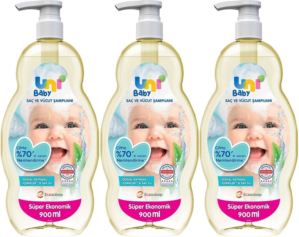 Uni Baby Bebek Saç ve Vücut Şampuanı 900ML Klasik (Pompalı) (3 Lü Set)