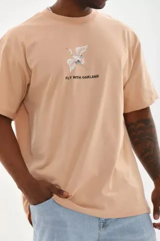 Unisex Baskılı Oversize T-Shirt - Bej - L - Bej
