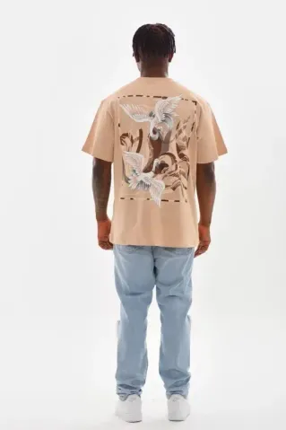 Unisex Baskılı Oversize T-Shirt - Bej - S - Bej