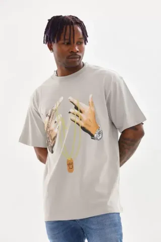 Unisex Baskılı Oversize T-Shirt - Gri - S - Gri