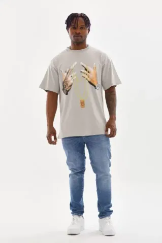 Unisex Baskılı Oversize T-Shirt - Gri - S - Gri